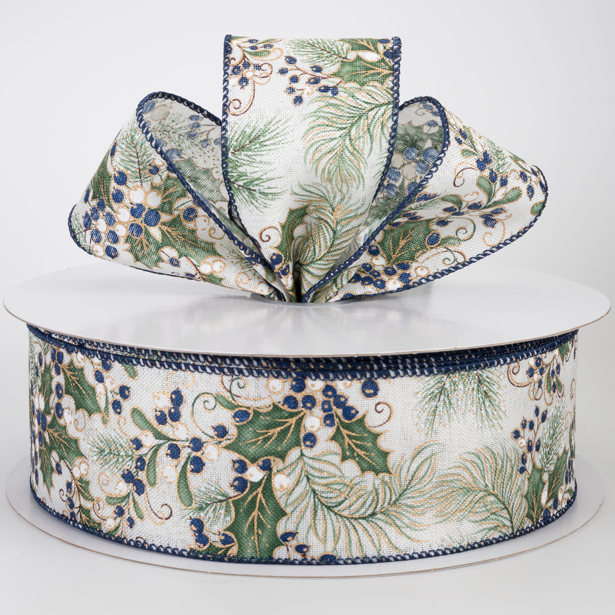 2.5" Linen Sage Holly Leaves & Navy Berries Ribbon: Ivory (50 Yards)