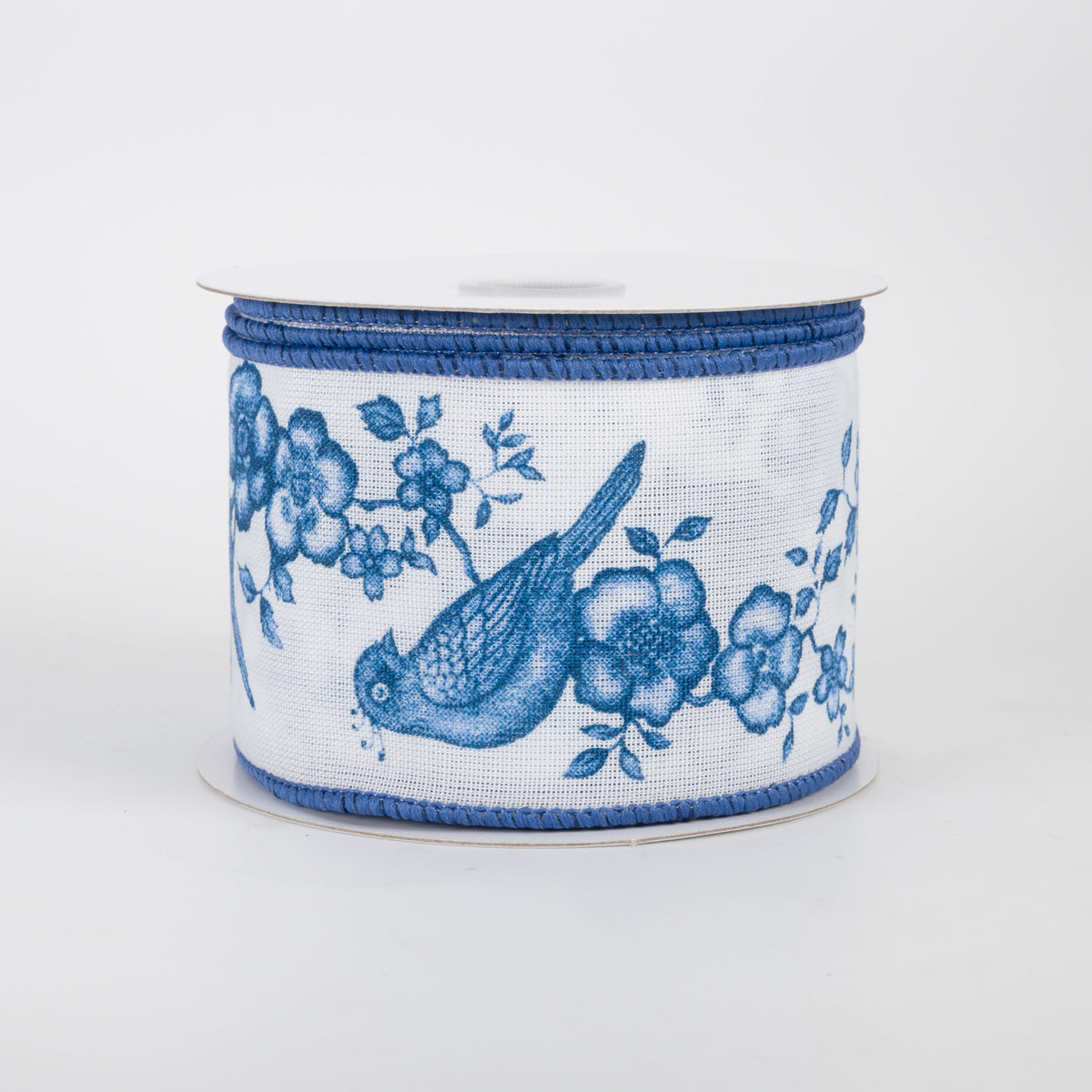 2.5" Linen Chinoiserie Bird Garland Ribbon: Blue on White (10 Yards)