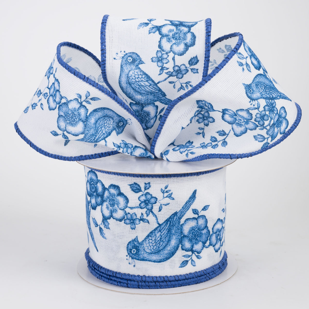 2.5" Linen Chinoiserie Bird Garland Ribbon: Blue on White (10 Yards)