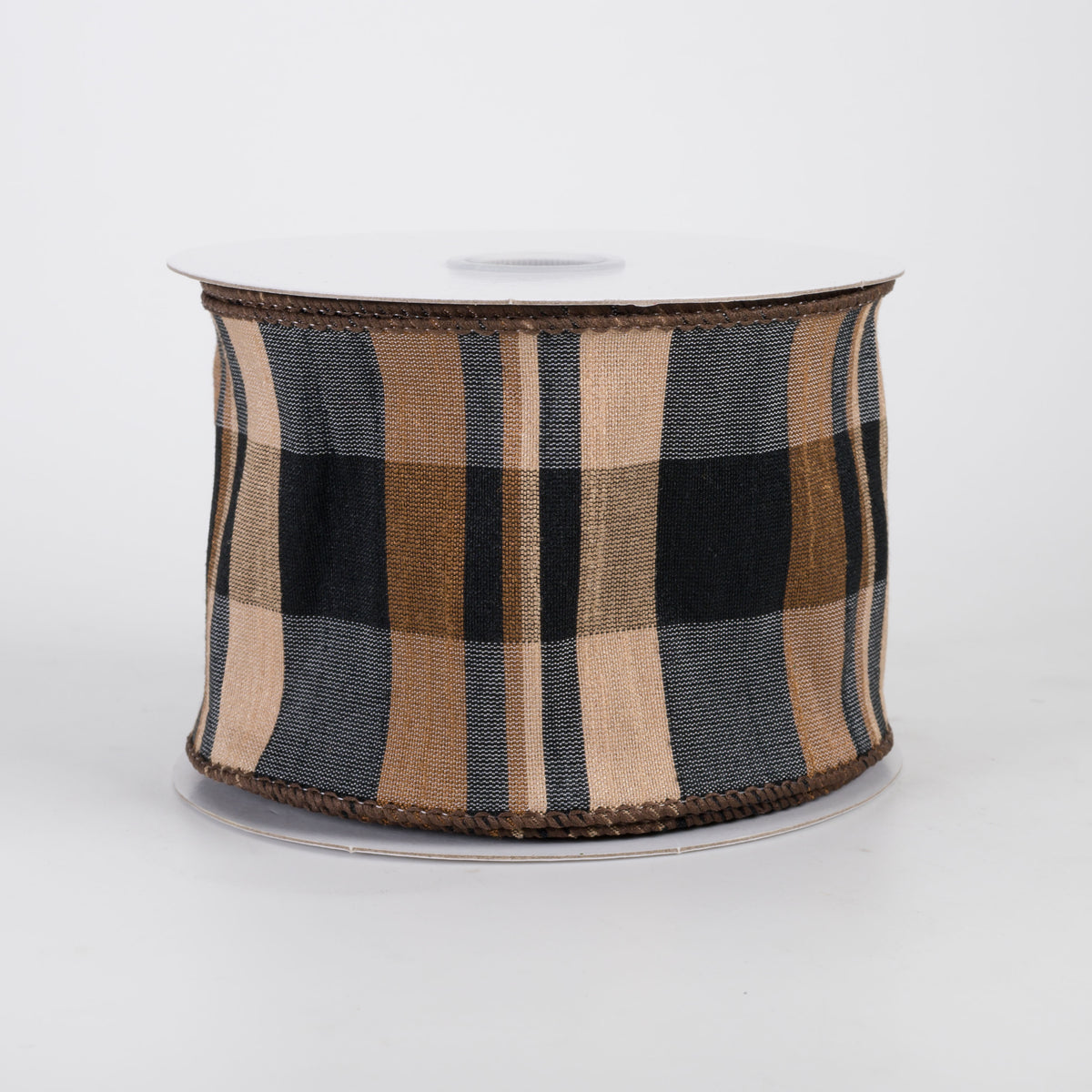 2.5" Faux Dupioni Plaid Ribbon: Brown, Tan, Black (10 Yards)