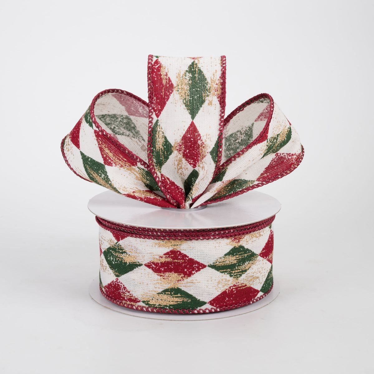 1.5" Canvas Harlequin Gold Painted Ribbon: Cream, Dark Red & Green (10 Yards)