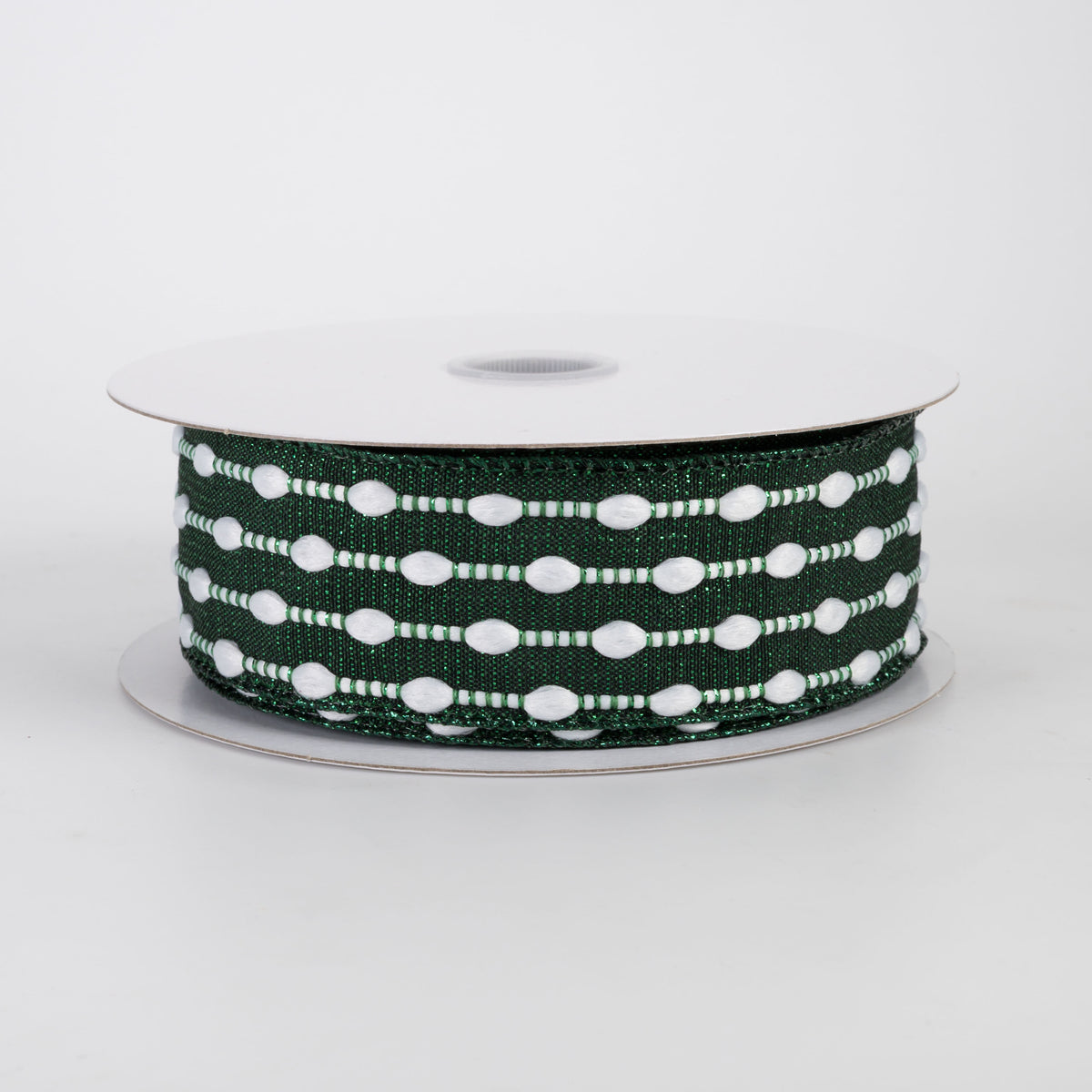 1.5" White Snowball Weave Ribbon: Green Metallic (10 Yards)