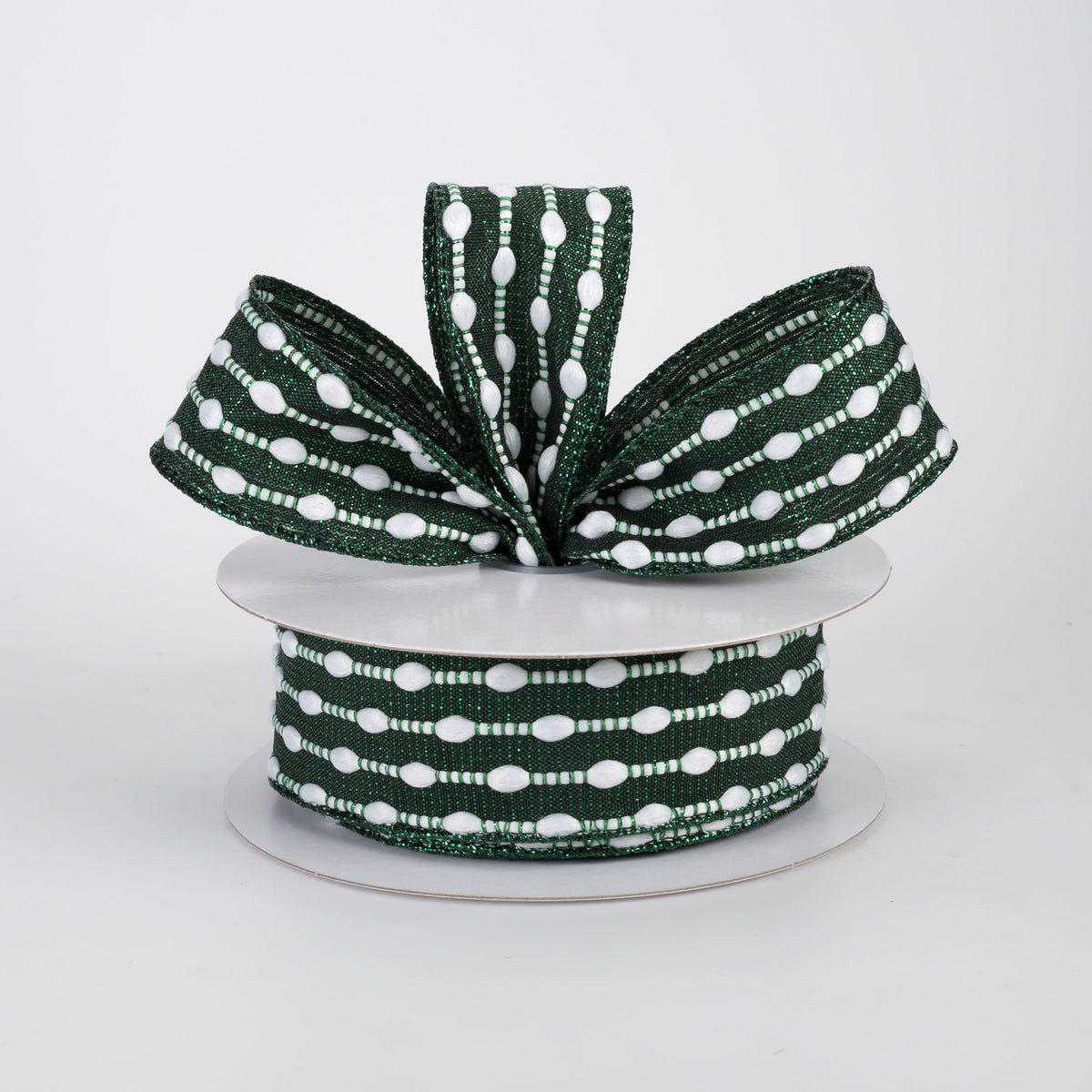 1.5" White Snowball Weave Ribbon: Green Metallic (10 Yards)