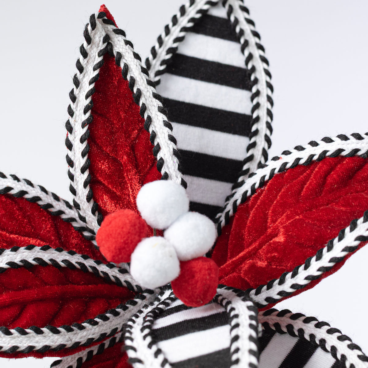 11" x 22" Velvet & Trim Stripe Poinsettia Stem: Red, Black & White