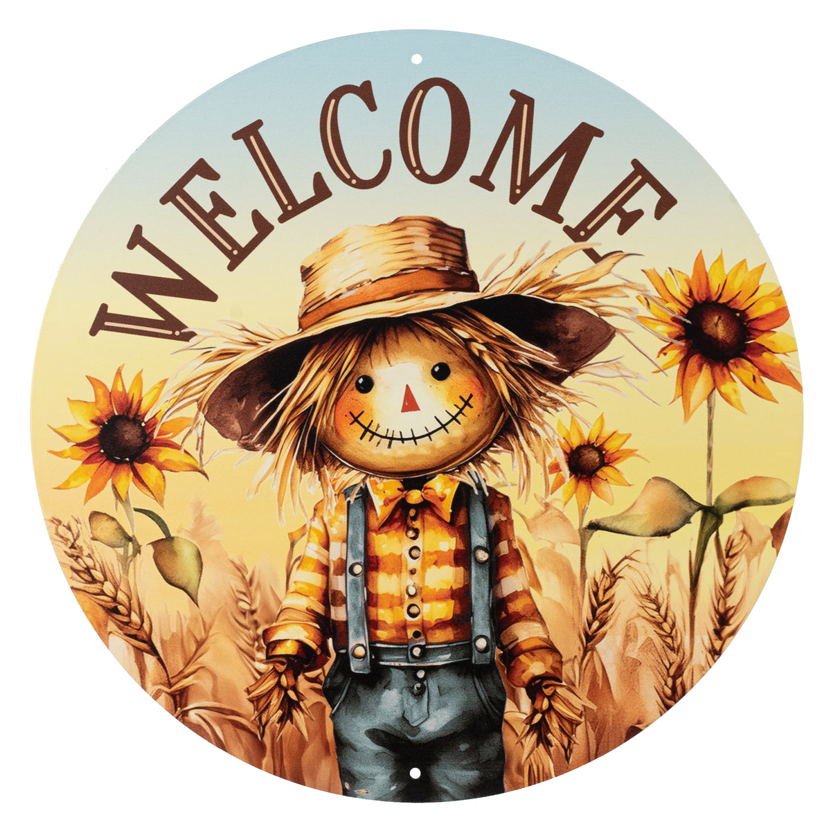 12" Round Metal Sign: Welcome Scarecrow Sunflower