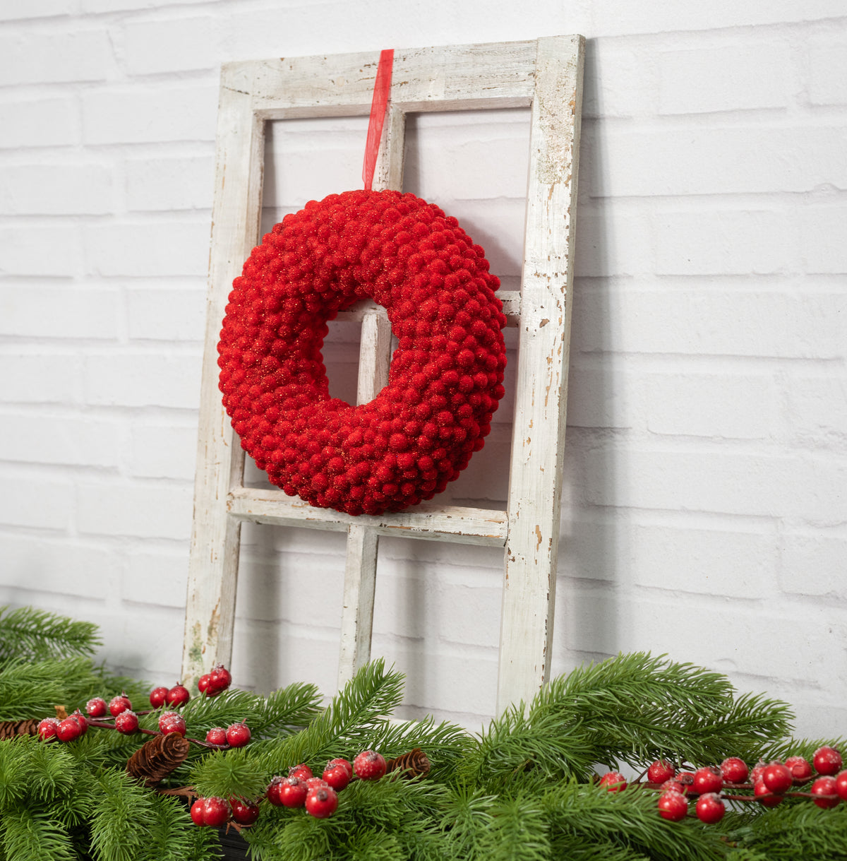 9" Glitter Berry Cabinet Wreath Ornament: Red