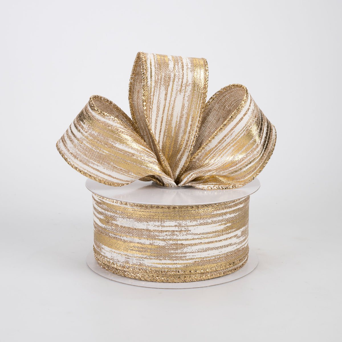 1.5" Linen Metallic Brushstrokes Ribbon: Cream & Gold on Natural (10 Yards)