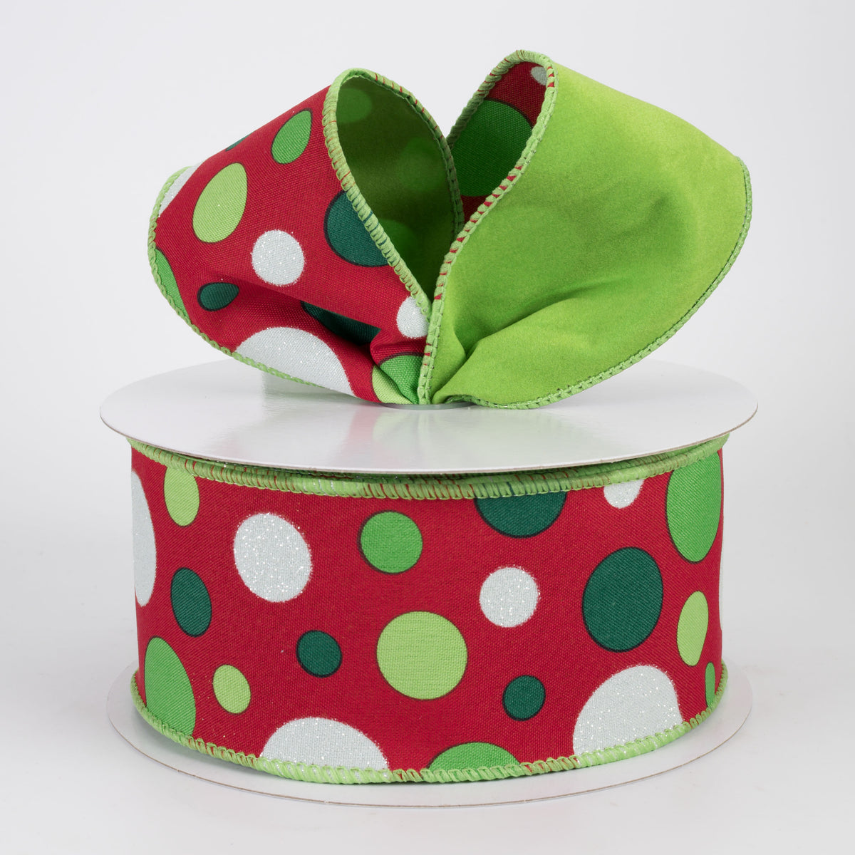 2.5" Double Sided Velvet & Satin Polka Dots Ribbon: Lime Christmas (10 Yards)