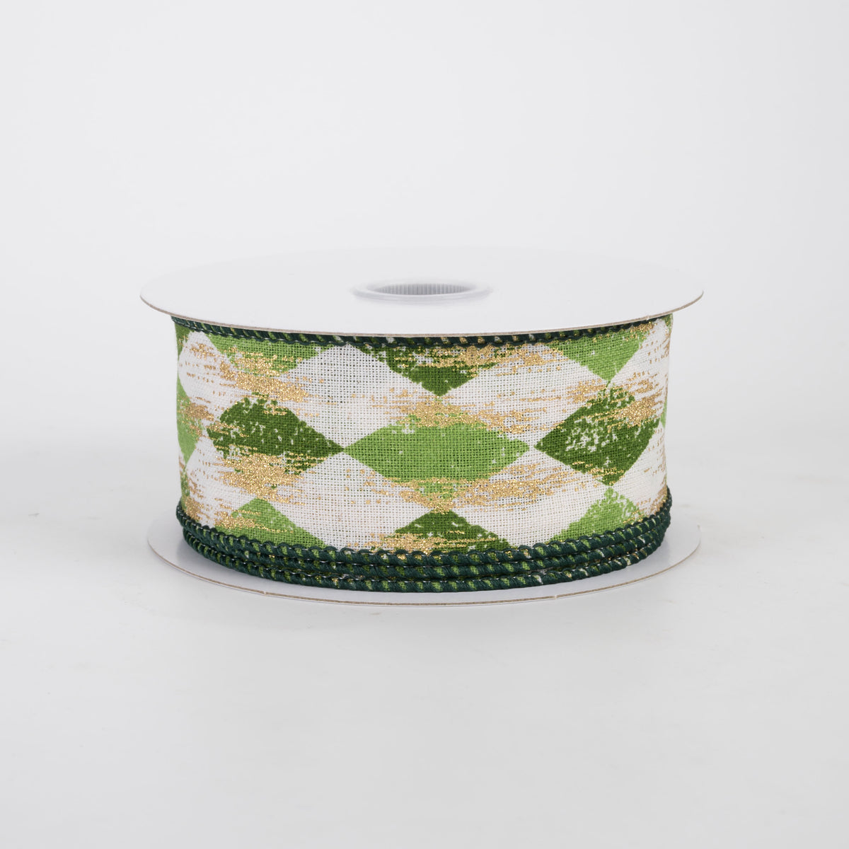 1.5" Canvas Harlequin Gold Painted Ribbon: Cream, Moss & Kiwi (10 Yards)