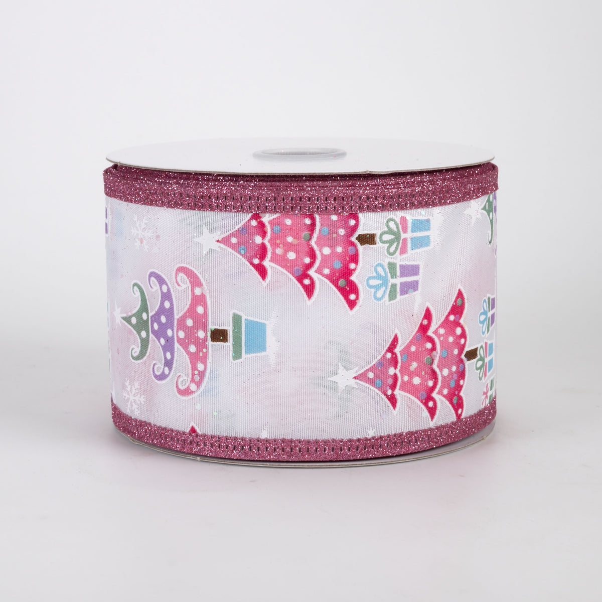 2.5" Cotton Candy Christmas Trees Glitter Edge Ribbon: Pink (10 Yards)