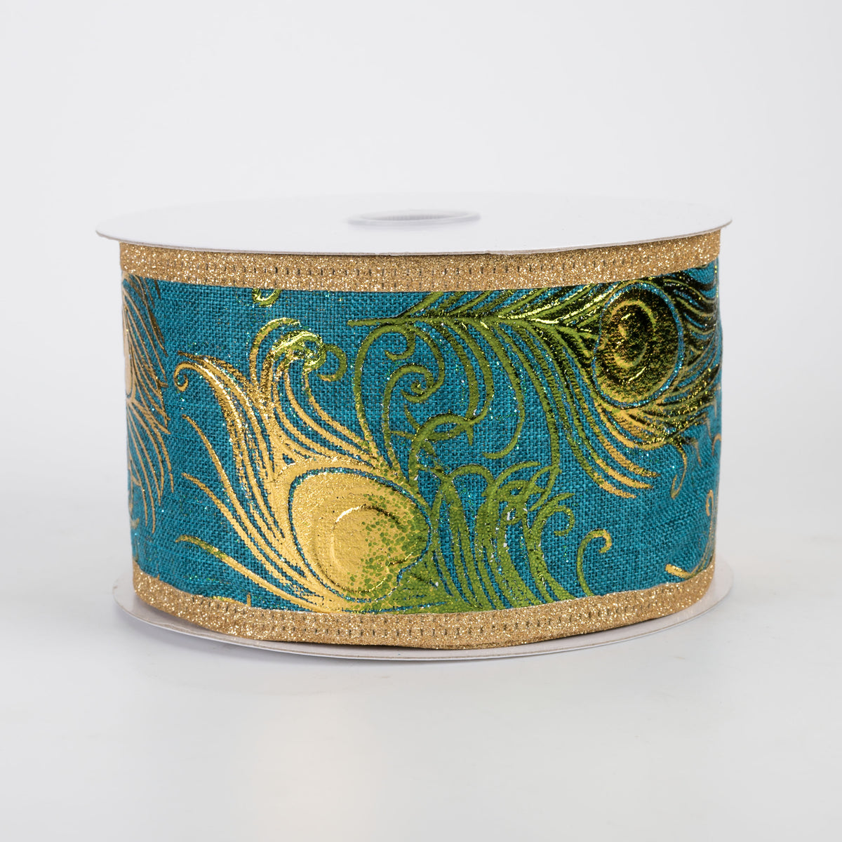 2.5" Linen Embossed Peacock Feathers Glitter Edge Ribbon: Teal & Gold (10 Yards)