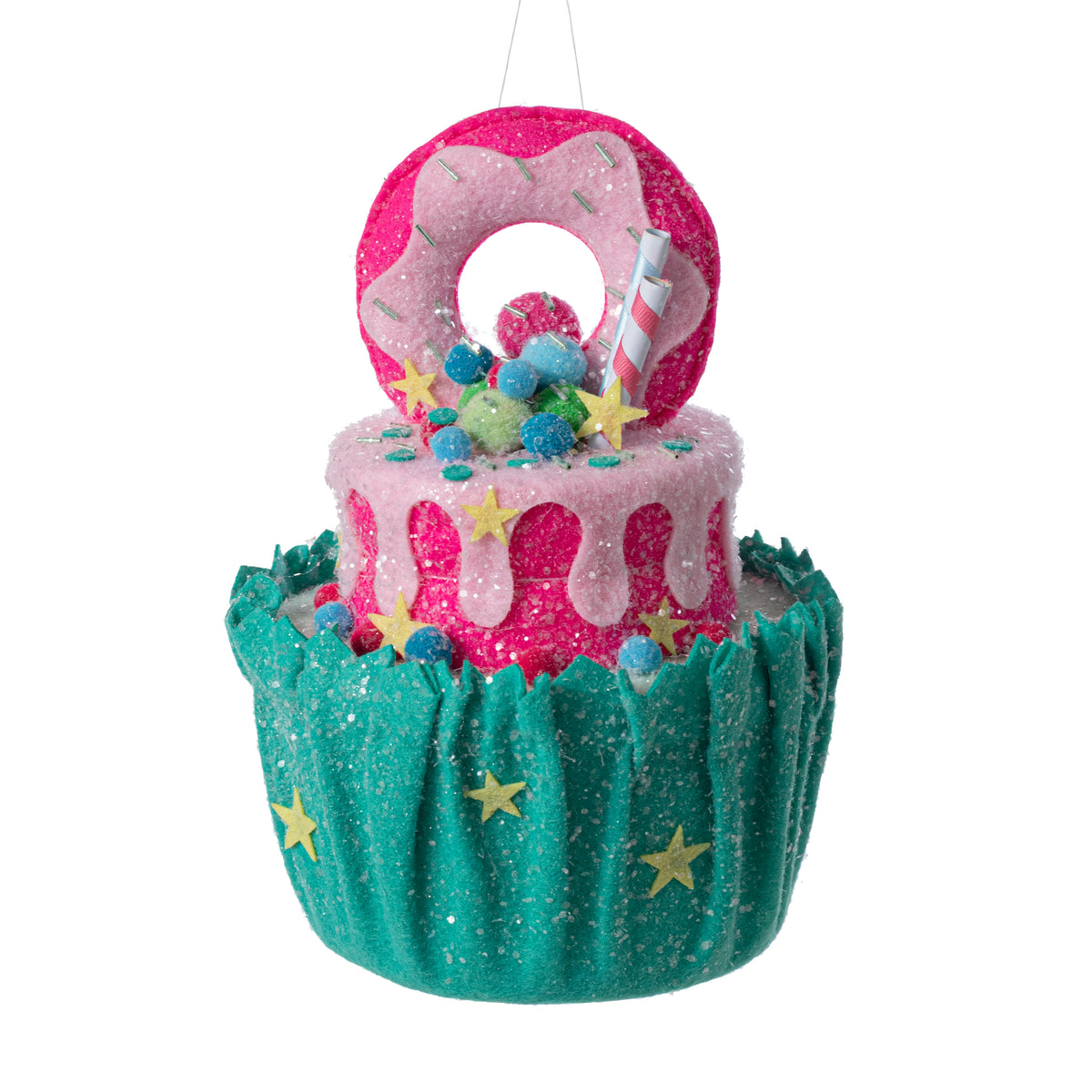 10" Cake & Donut Cupcake Ornament: Teal & Fuchsia