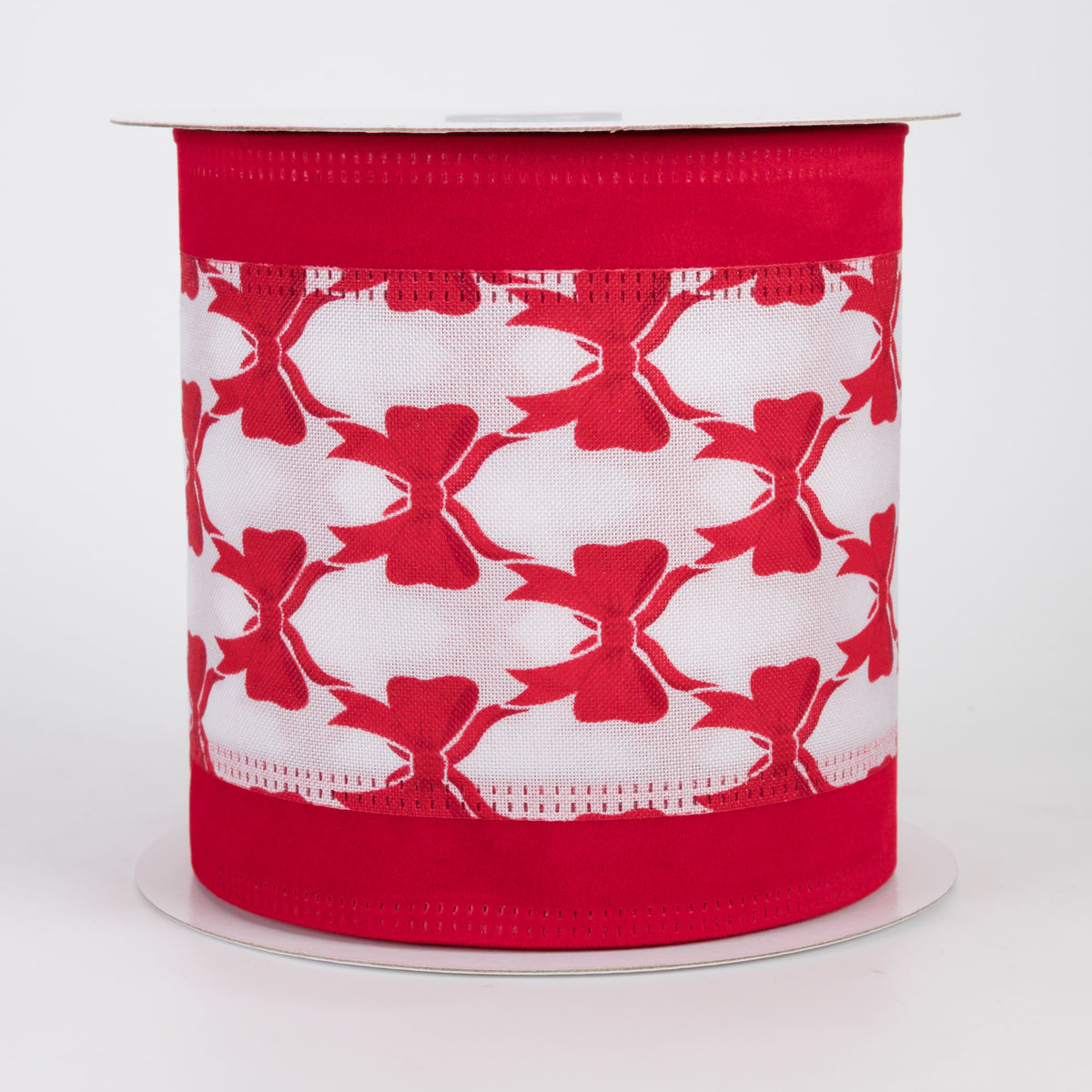 4" Patterned Bows Velvet Edge Ribbon: Red on White (10 Yards)