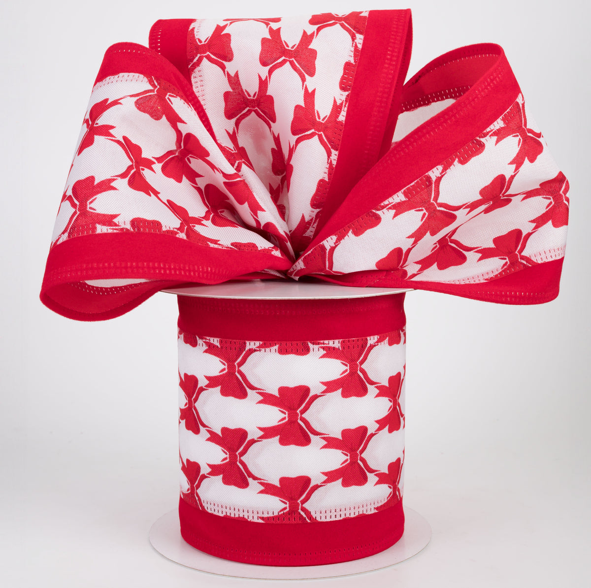 4" Patterned Bows Velvet Edge Ribbon: Red on White (10 Yards)