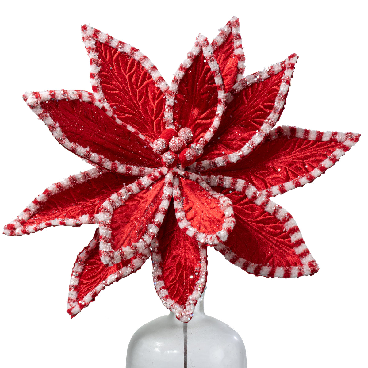 20" x 29" Jumbo Velvet Peppermint Poinsettia Stem: Red & White