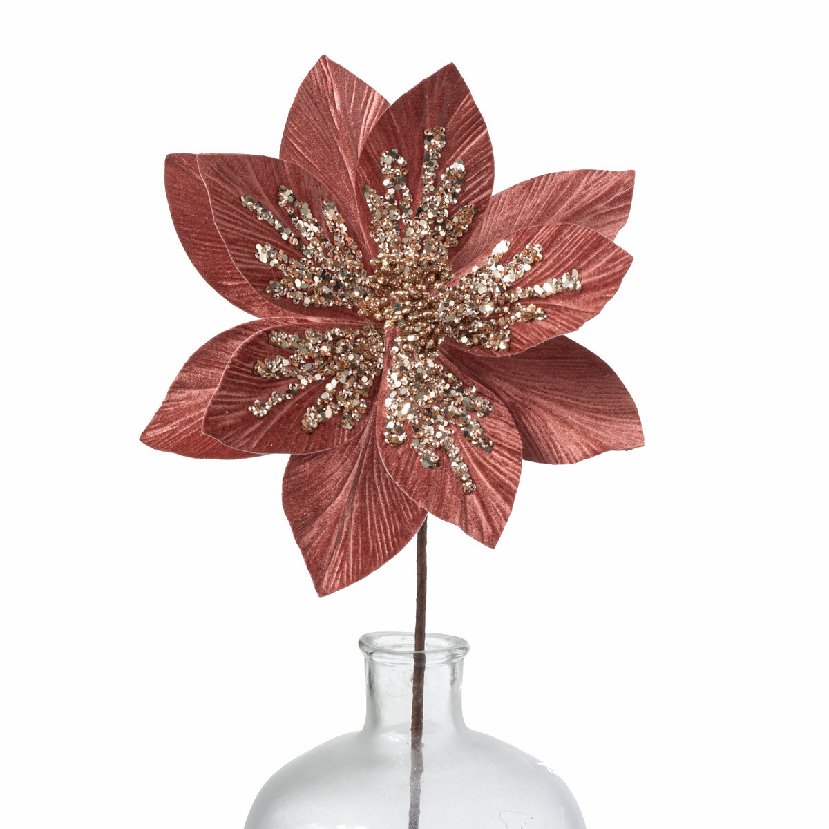 11" x 22" Sequined Velvet Poinsettia Stem: Antique Rose & Rose Gold
