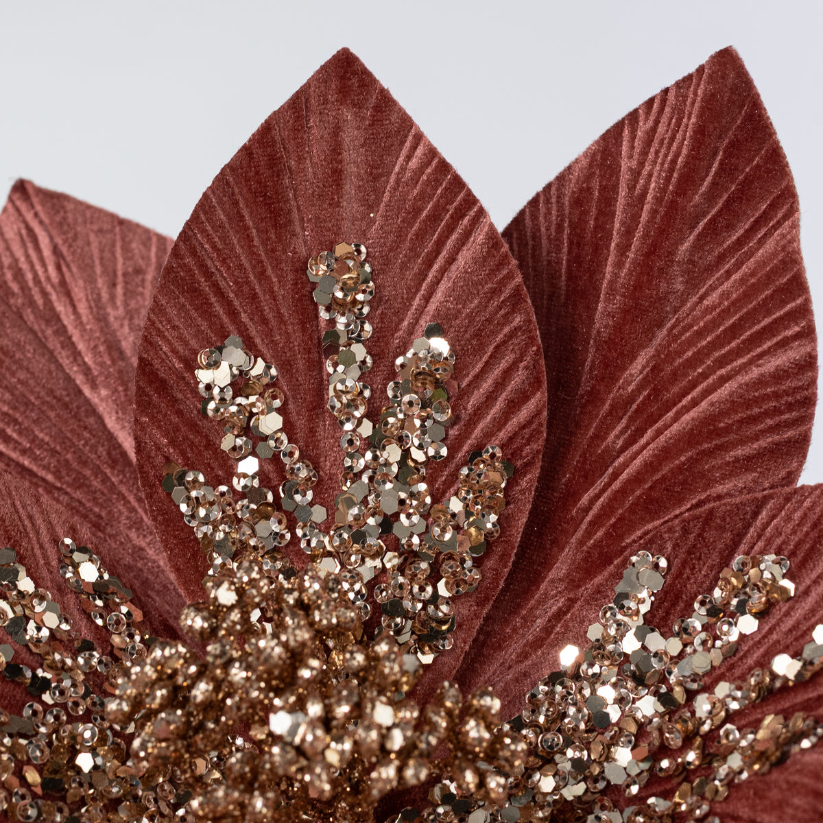 11" x 22" Sequined Velvet Poinsettia Stem: Antique Rose & Rose Gold