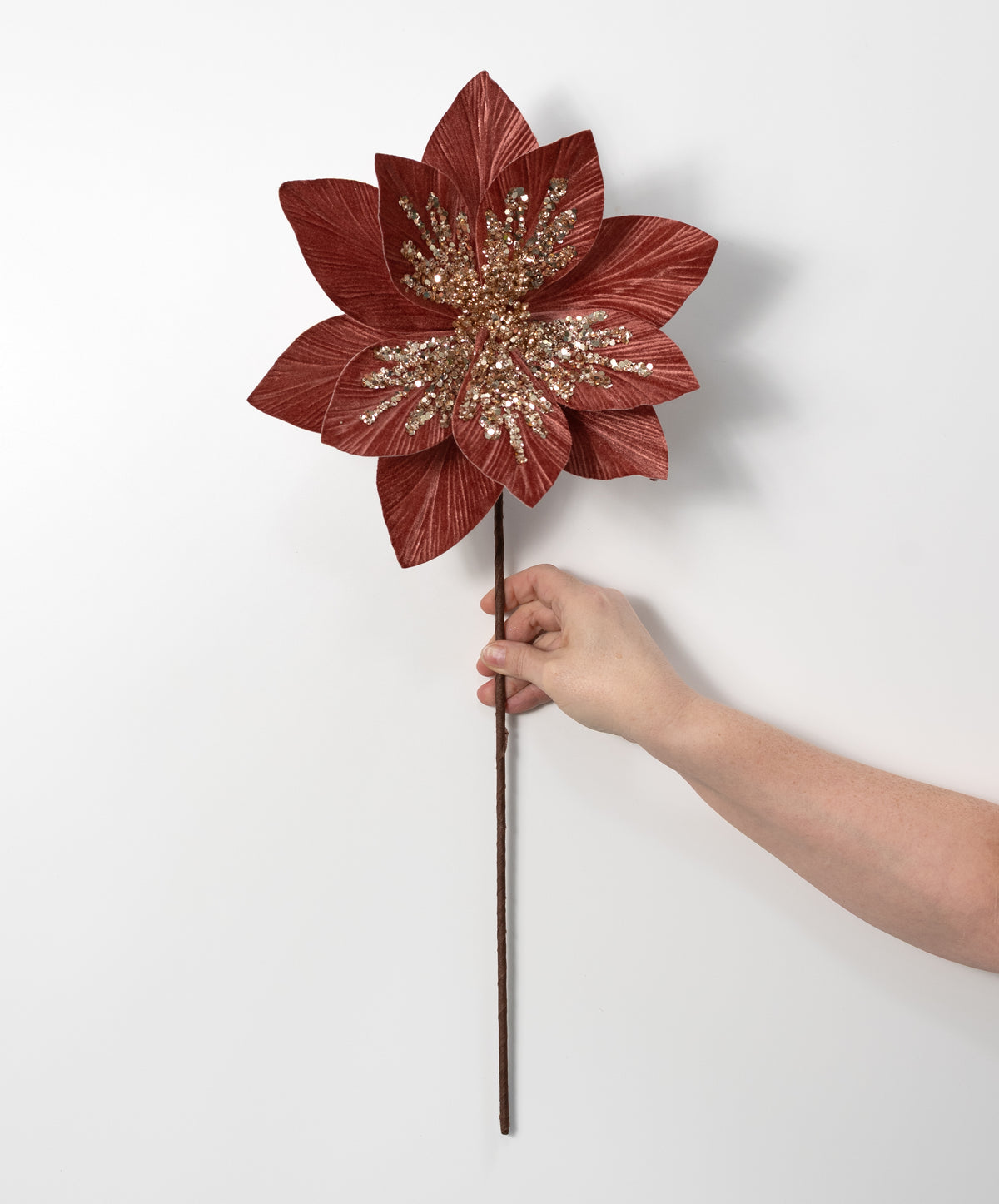 11" x 22" Sequined Velvet Poinsettia Stem: Antique Rose & Rose Gold