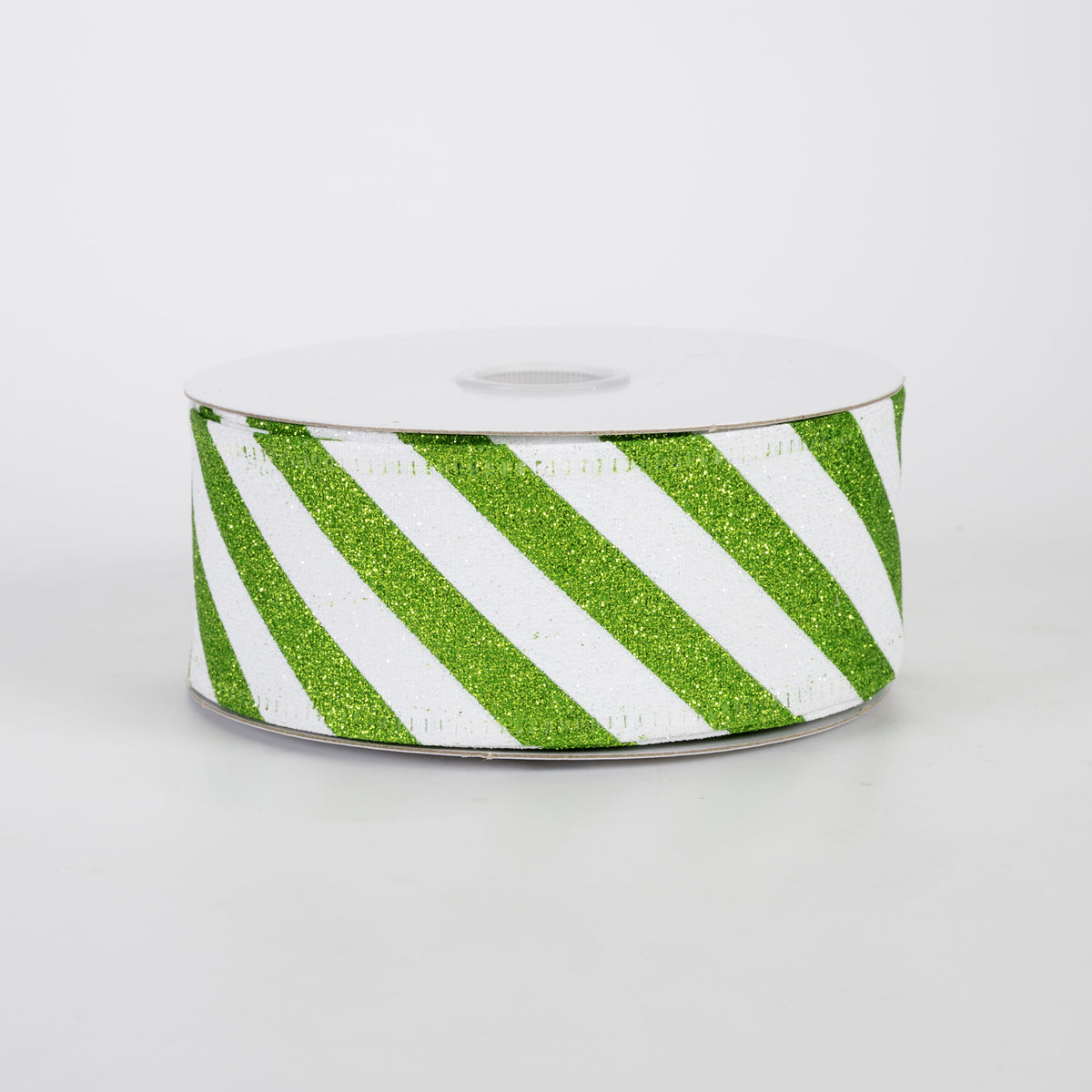 1.5" All Flat Glitter Candy Cane Stripe Ribbon: Lime Green & White (10 Yards)