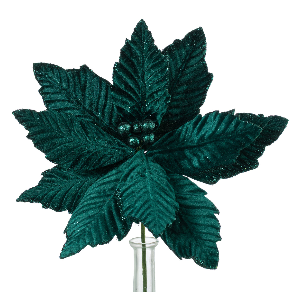 14" x 16" Velvet Poinsettia Stem: Teal Green
