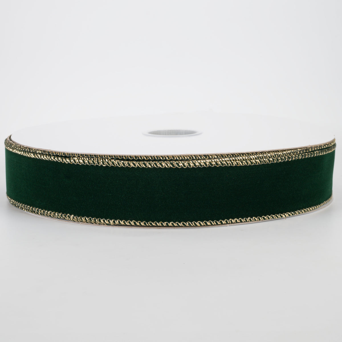 1.5" Stitched Edge Velvet Ribbon: Hunter Green with Gold (50 Yards)