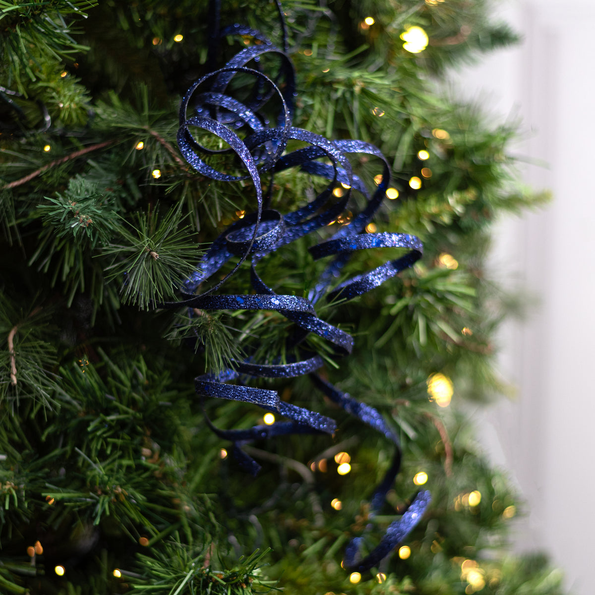 31" Curly Glitter Ribbon Spray: Navy Blue