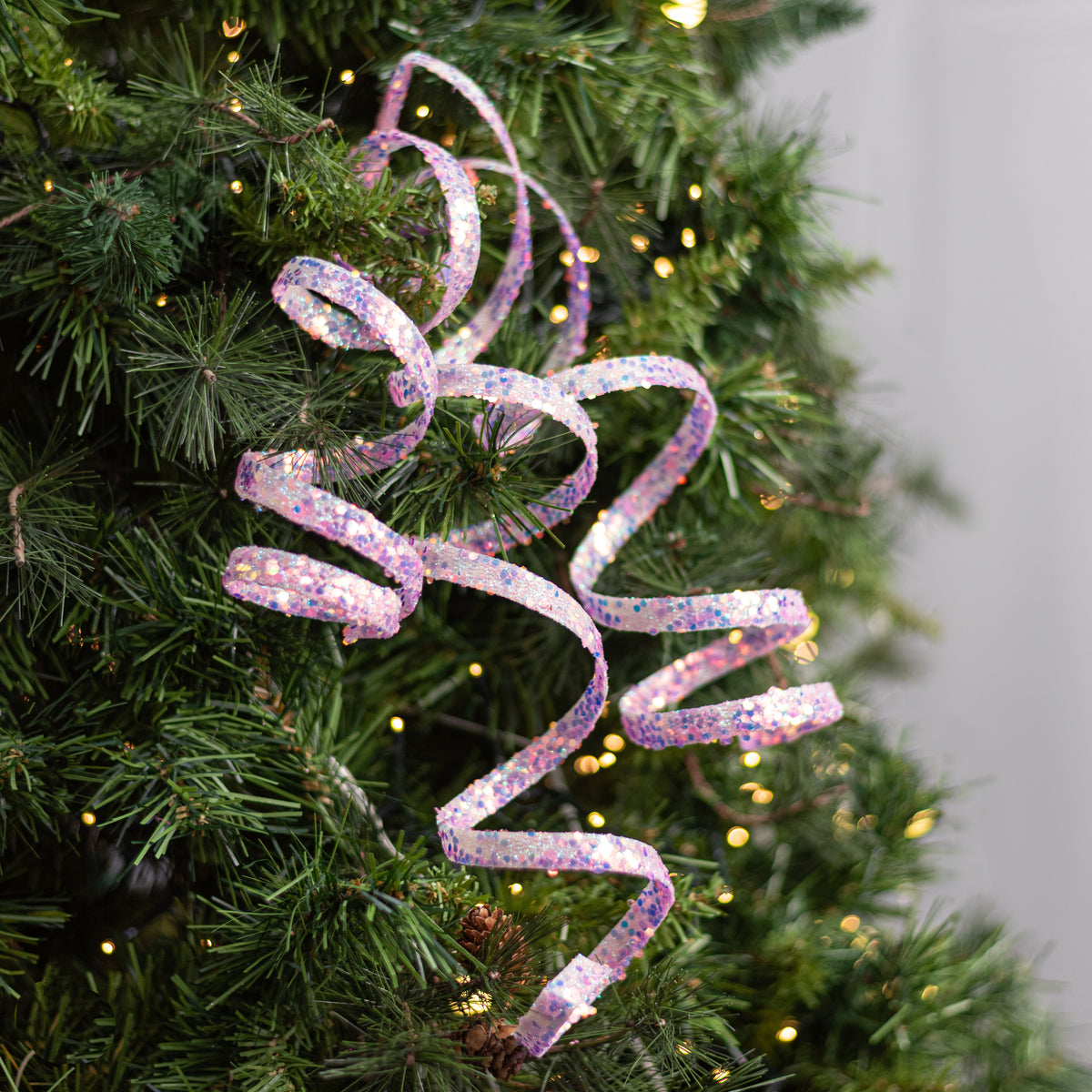 22" Glitter Curly Ribbon Hanging Spray: Iridescent Soft Pink