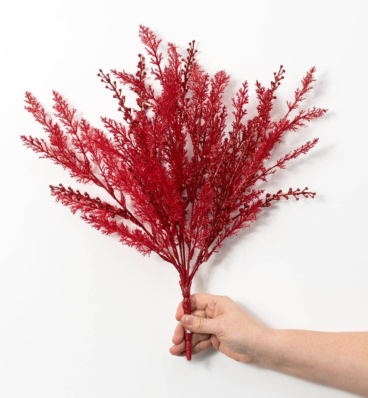 19" Glittered Cypress & Seed Pod Bush: Red