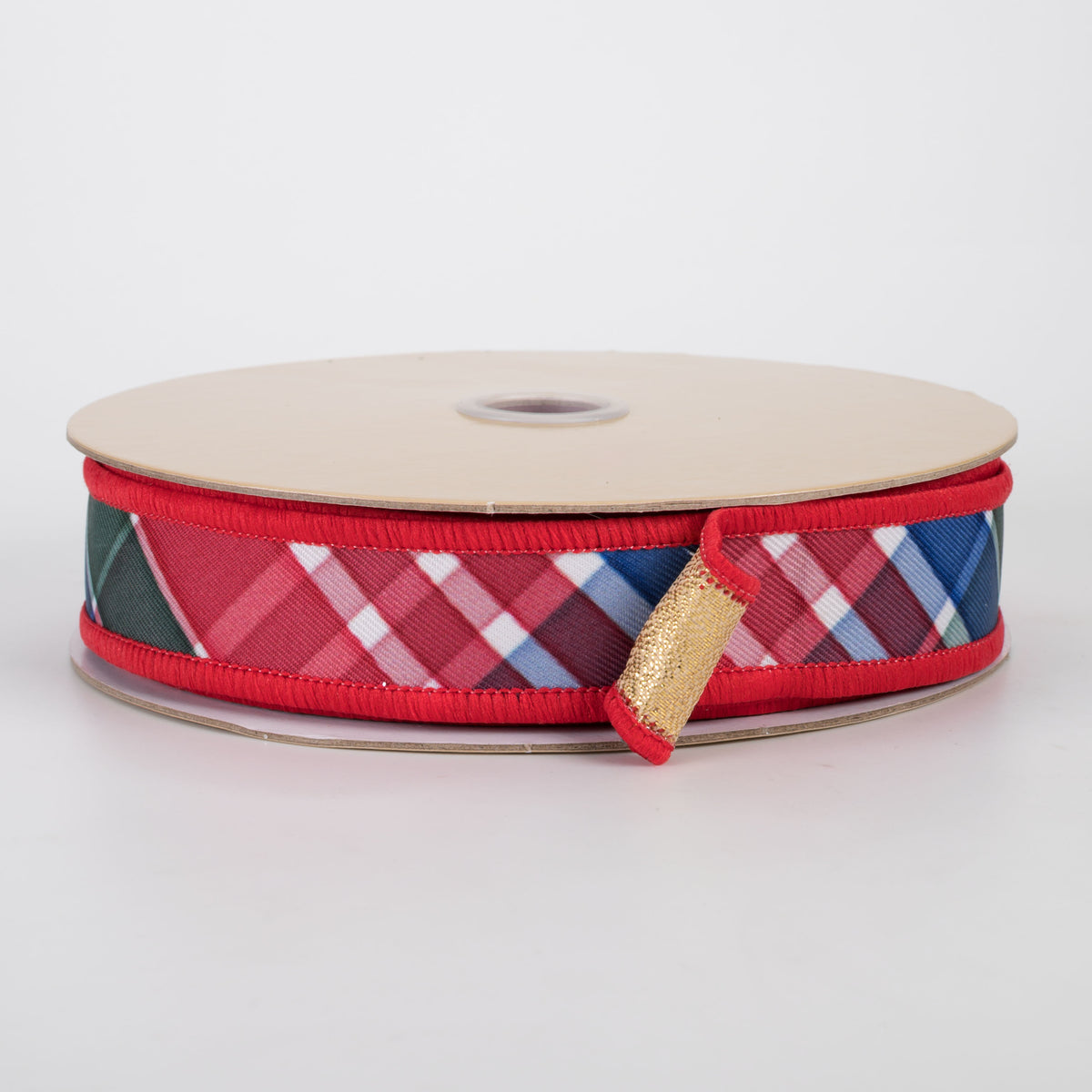 7/8" Double Sided Fused Diagonal Plaid Ribbon: Red, Emerald & Royal (10 Yards)