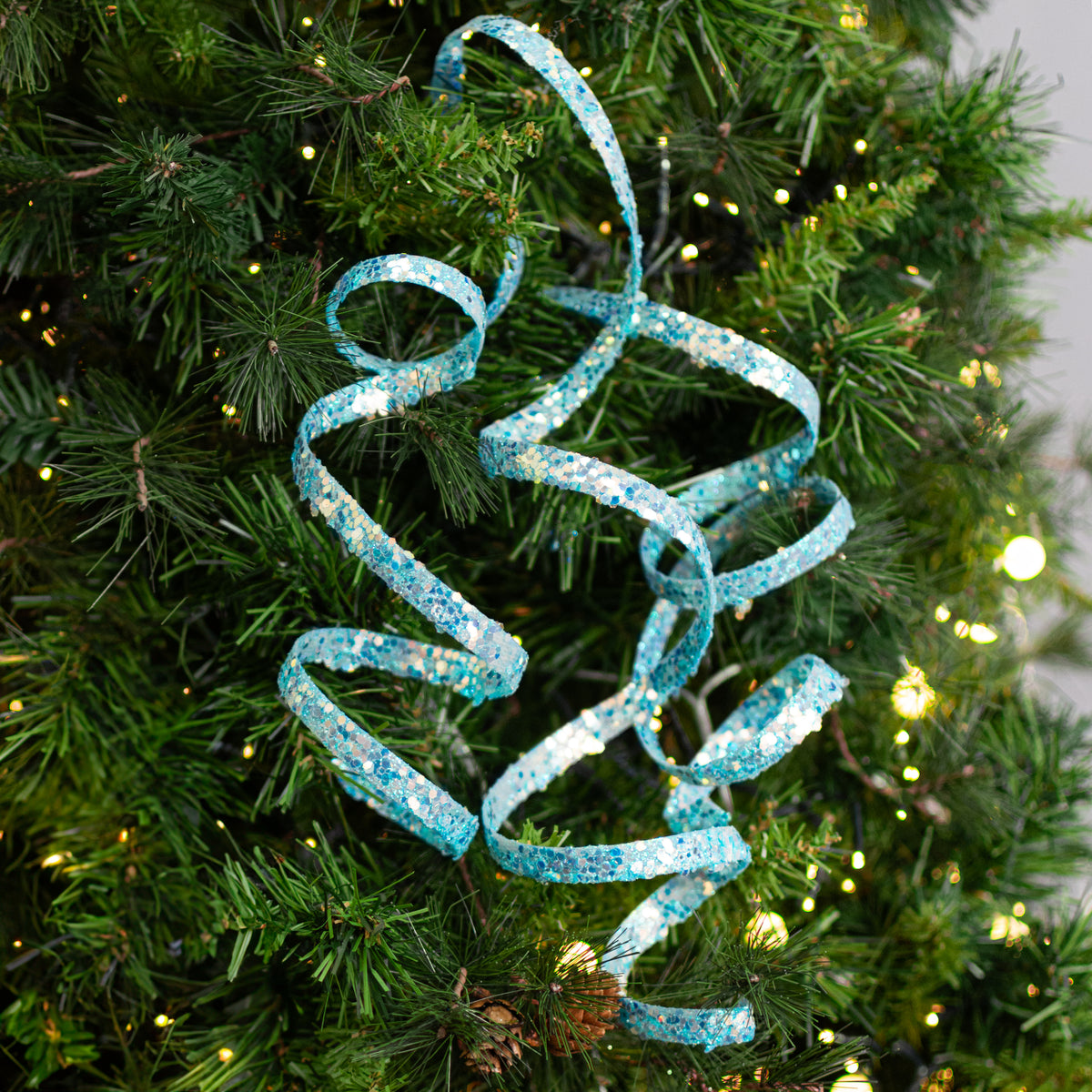 22" Glitter Curly Ribbon Hanging Spray: Iridescent Soft Blue