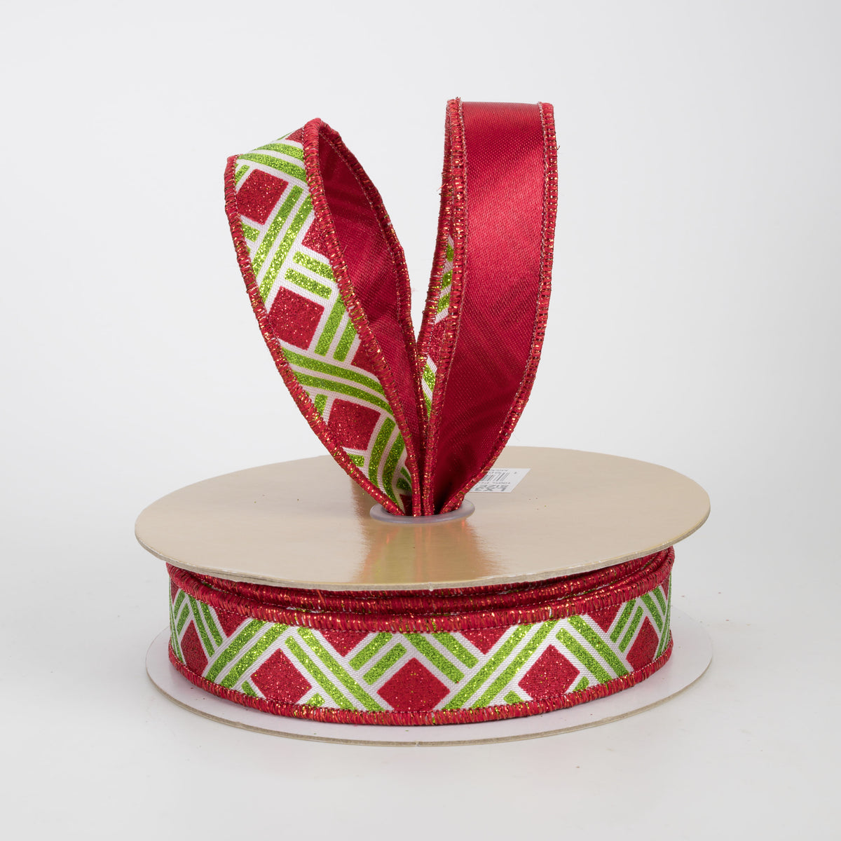 7/8" Double Sided Fused Metallic Basketweave Ribbon: Lime Green & Red (10 Yards)