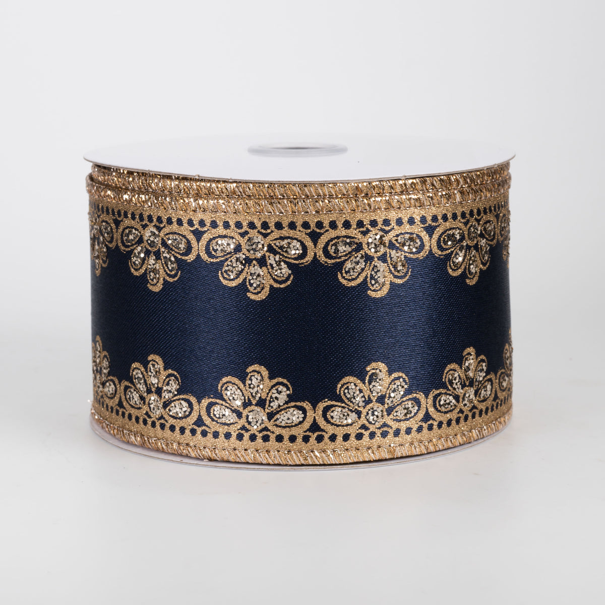 2.5" Lux Scalloped Trim Ribbon: Gold on Navy (10 Yards)