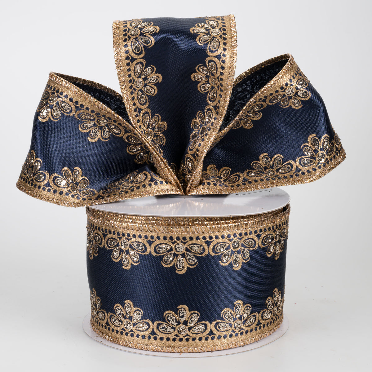 2.5" Lux Scalloped Trim Ribbon: Gold on Navy (10 Yards)