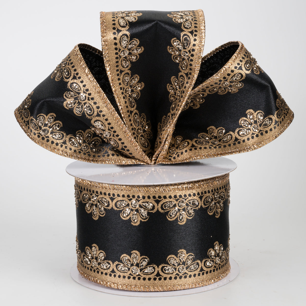 2.5" Lux Scalloped Trim Ribbon: Gold on Black (10 Yards)