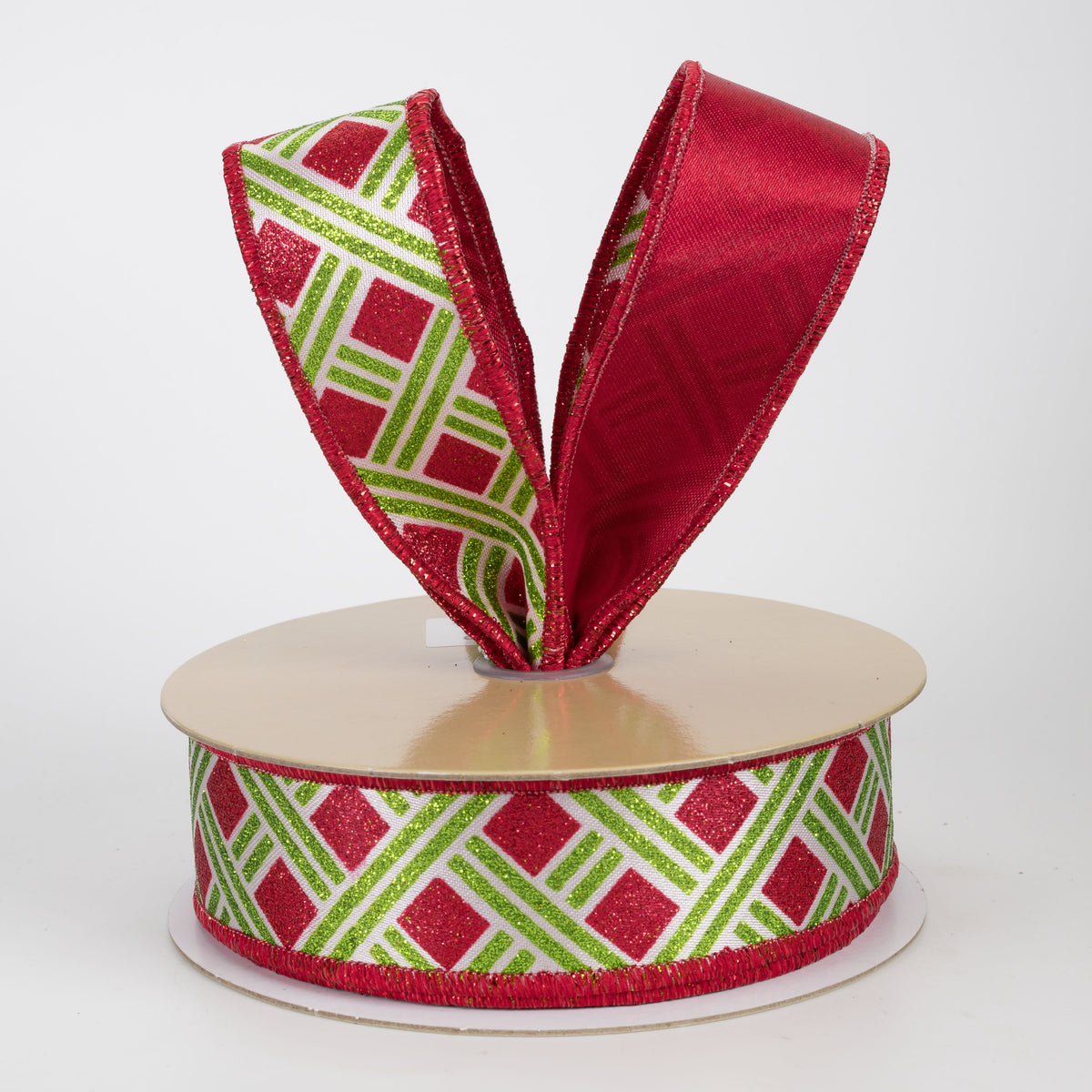 1.5" Double Sided Fused Metallic Basketweave Ribbon: Lime Green & Red (10 Yards)
