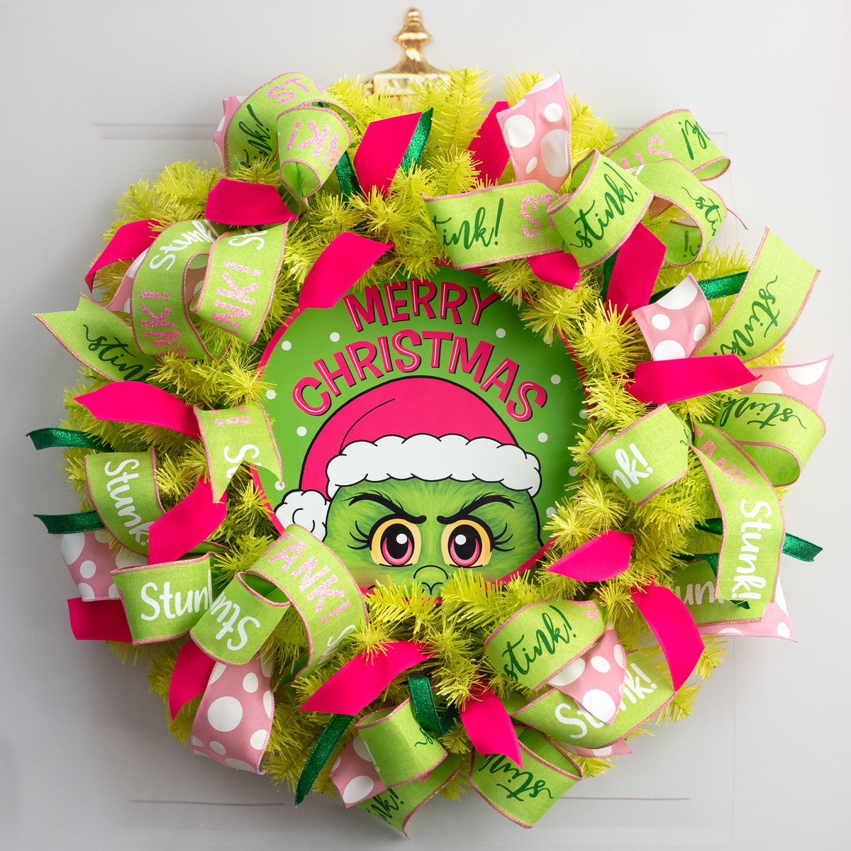 12" Metal Sign: Pink Furry Green Christmas Monster