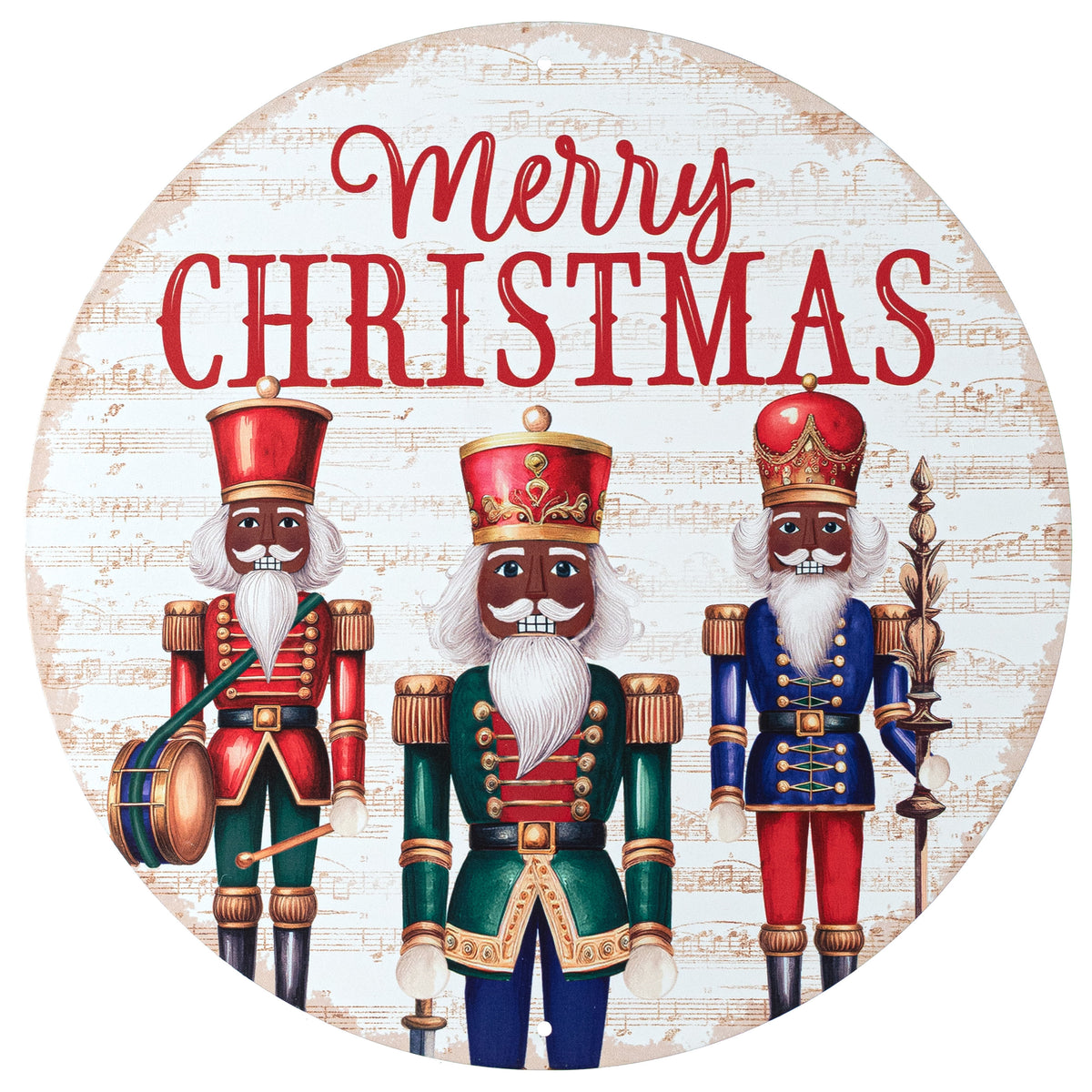12" Round Metal Sign: Brown Merry Christmas Nutcracker