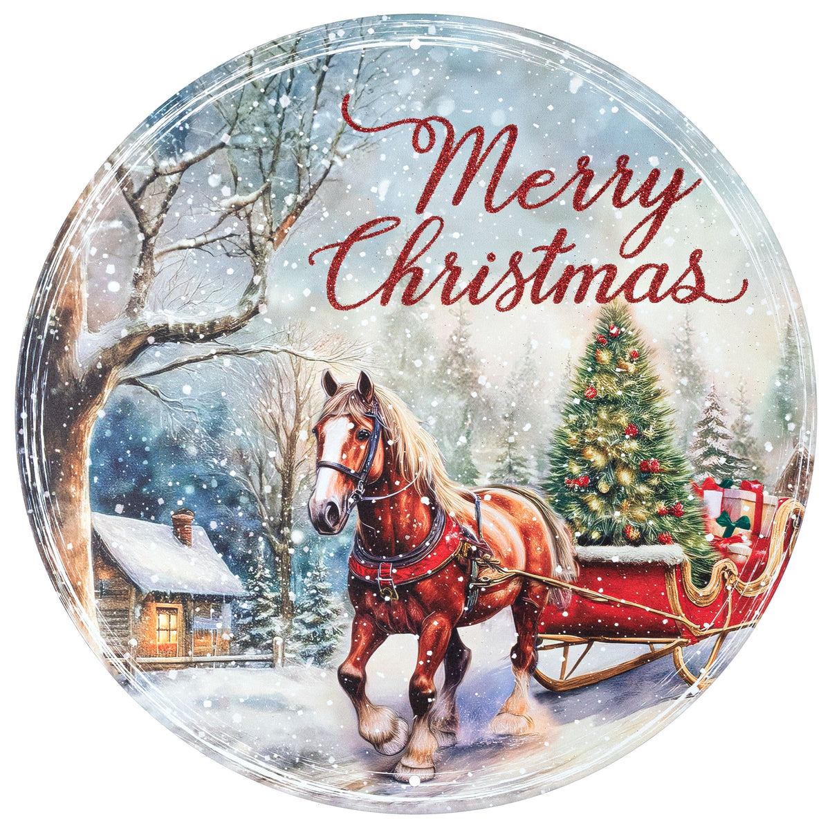 12" Round Metal Sign: Glitter Merry Christmas Horse & Sleigh