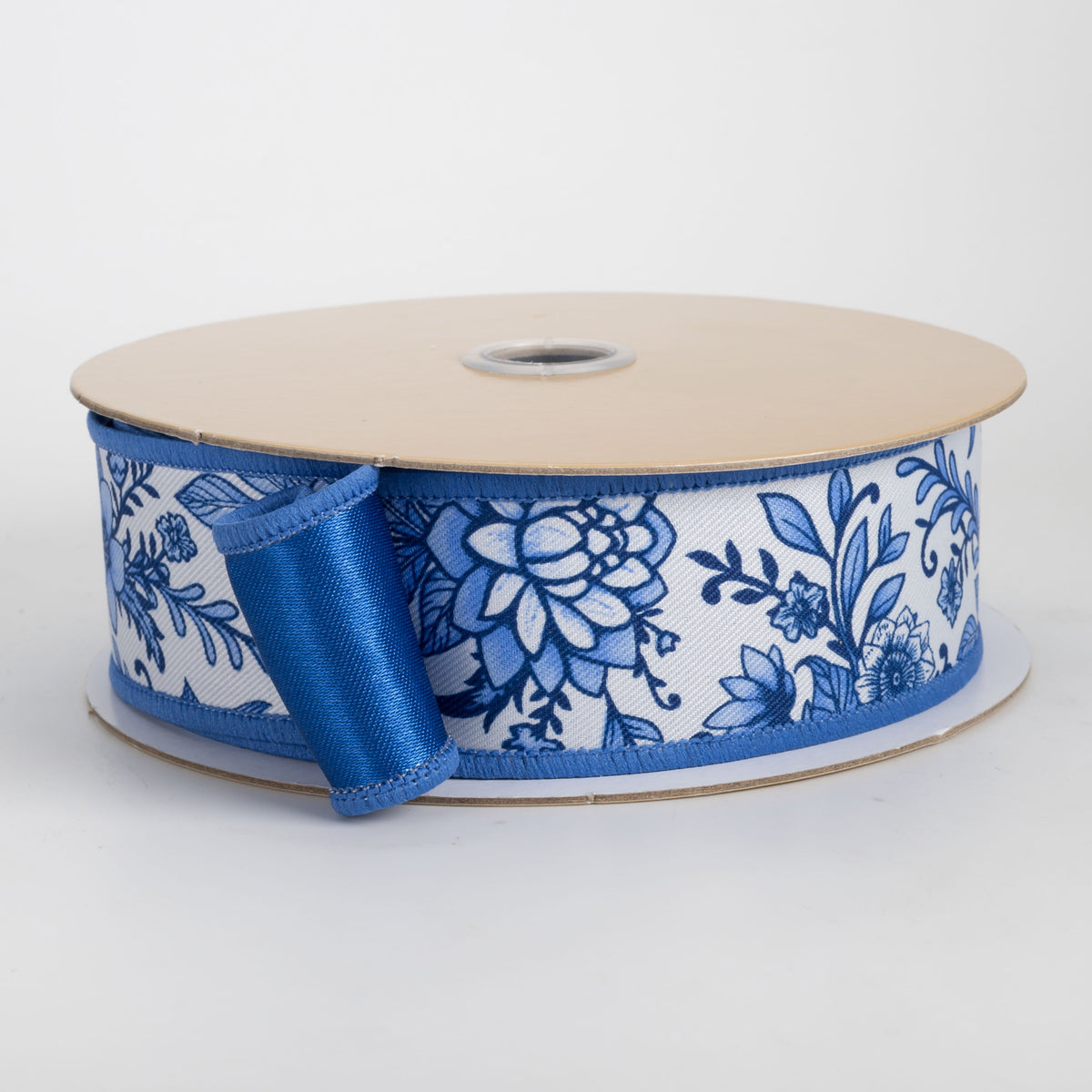 1.5" Double Sided Fused Chinoiserie Floral Ribbon: White & Blue (10 Yards)