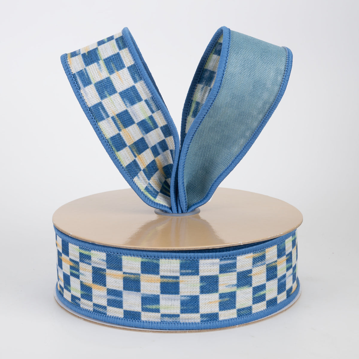1.5" Double Sided Fused Mini Antique Checkerboard Ribbon: Beige & Blue (10 Yards)