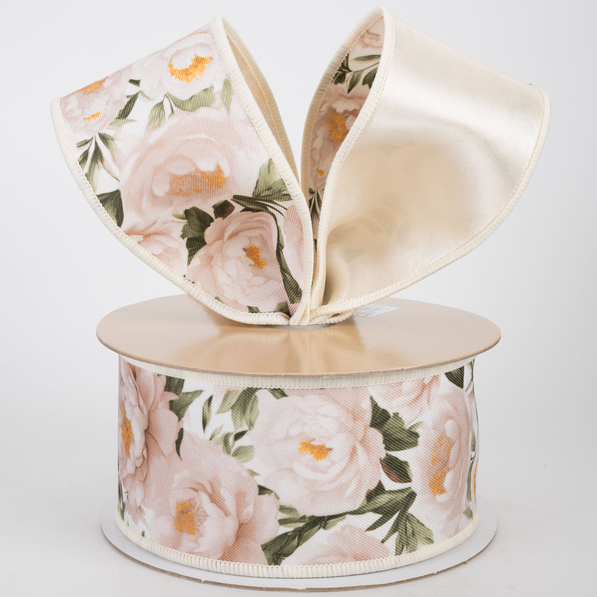 2.5" Double Sided Fused Peonies Ribbon: White & Cream (10 Yards)