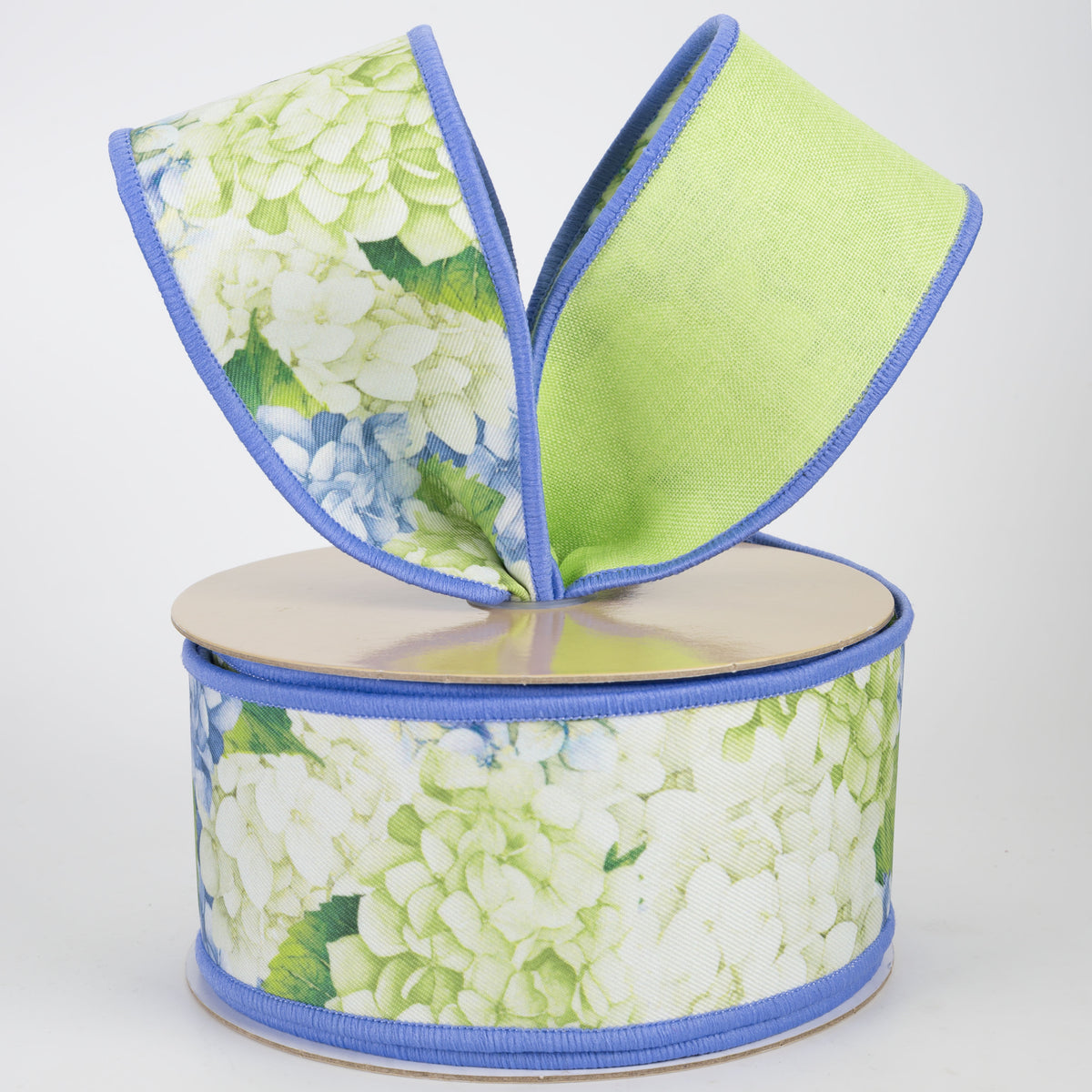 2.5" Double Sided Fused Hydrangeas Ribbon: Blue & Green (10 Yards)