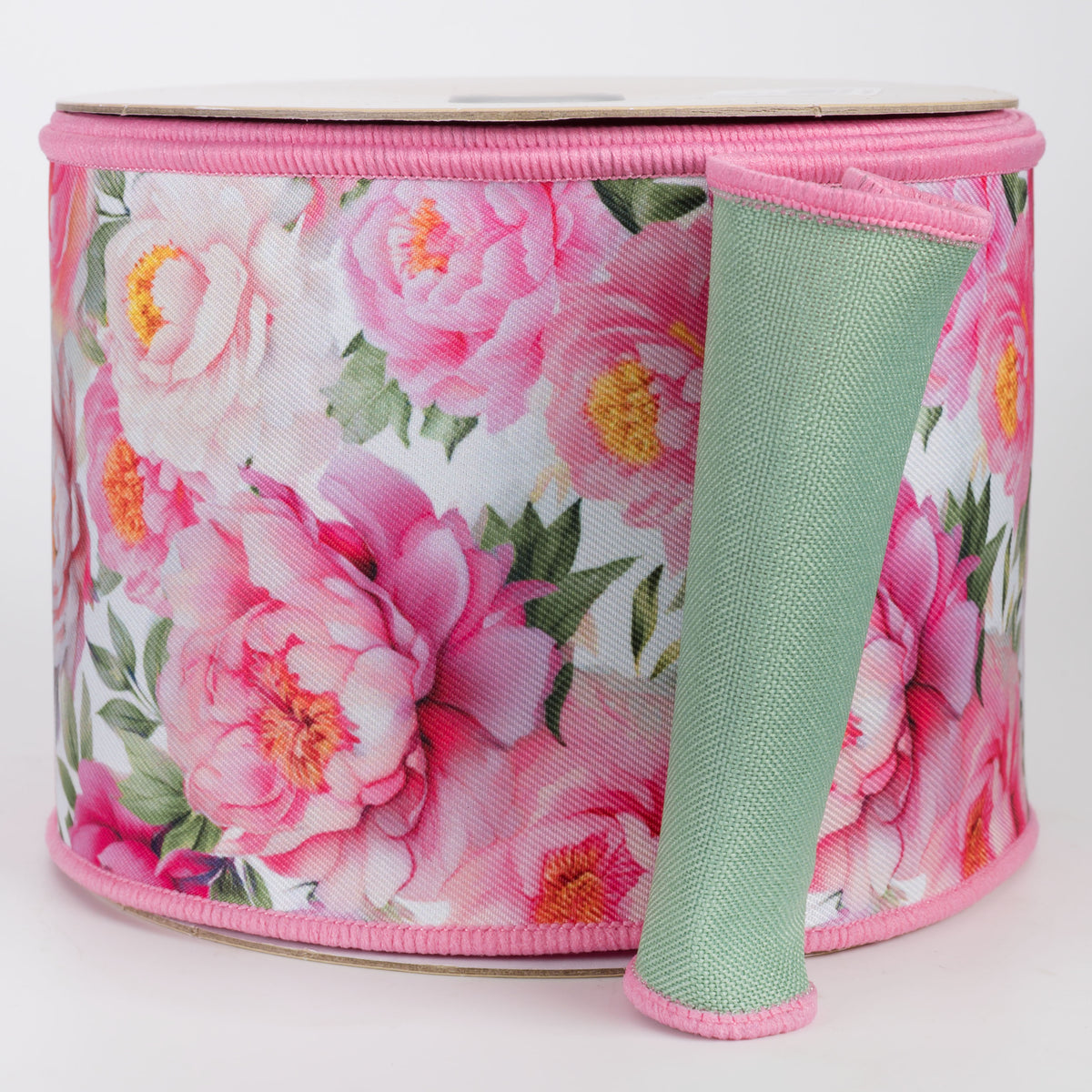 4" Double Sided Fused Peonies Ribbon: Pink & Green (10 Yards)
