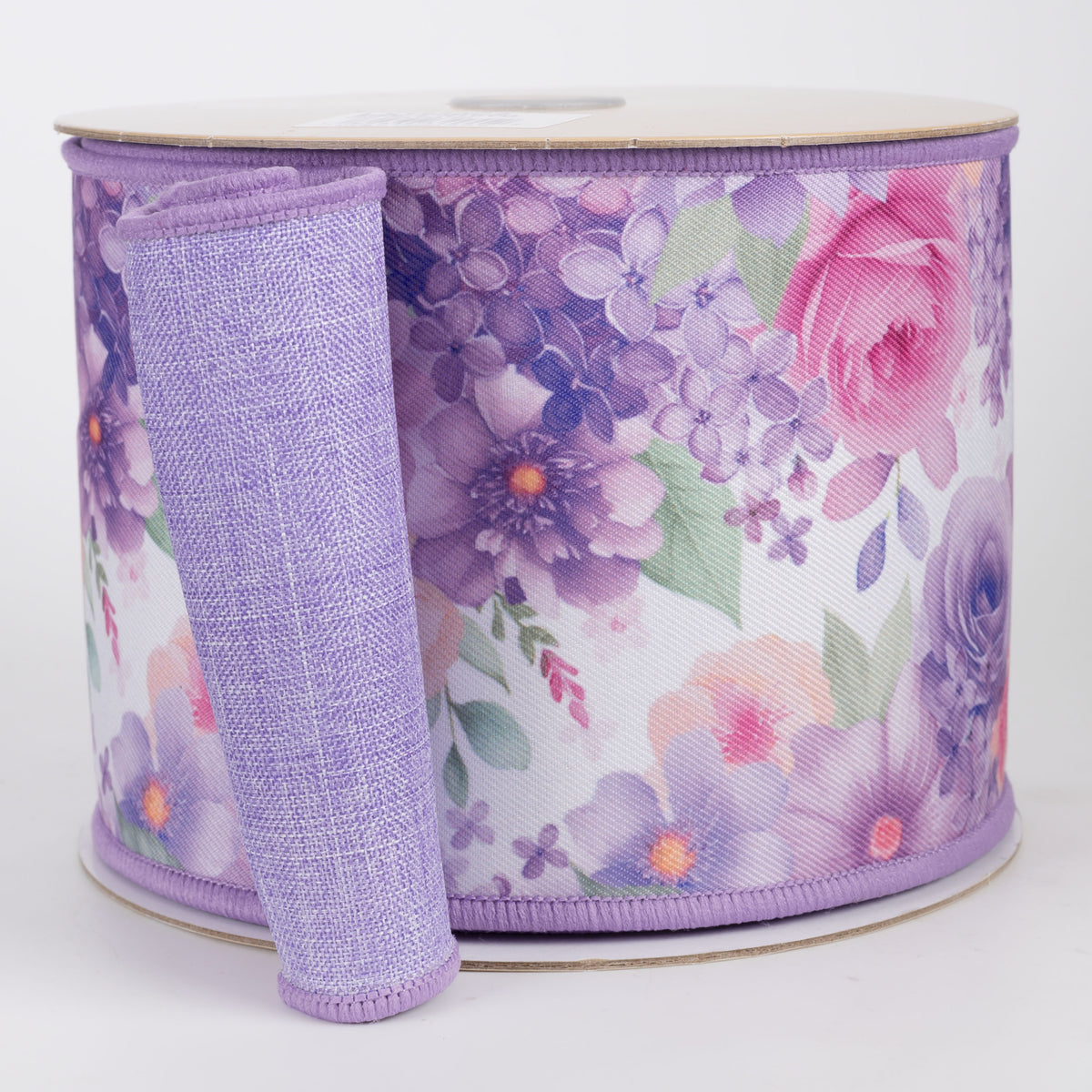 4" Double Sided Fused Watercolor Florals Ribbon: Lavender (10 Yards)