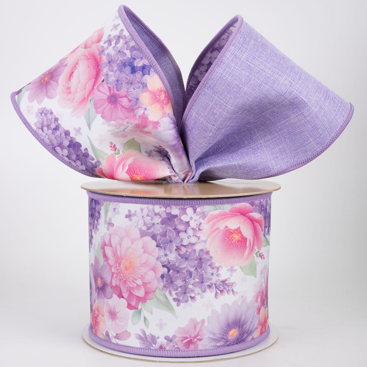 4" Double Sided Fused Watercolor Florals Ribbon: Lavender (10 Yards)