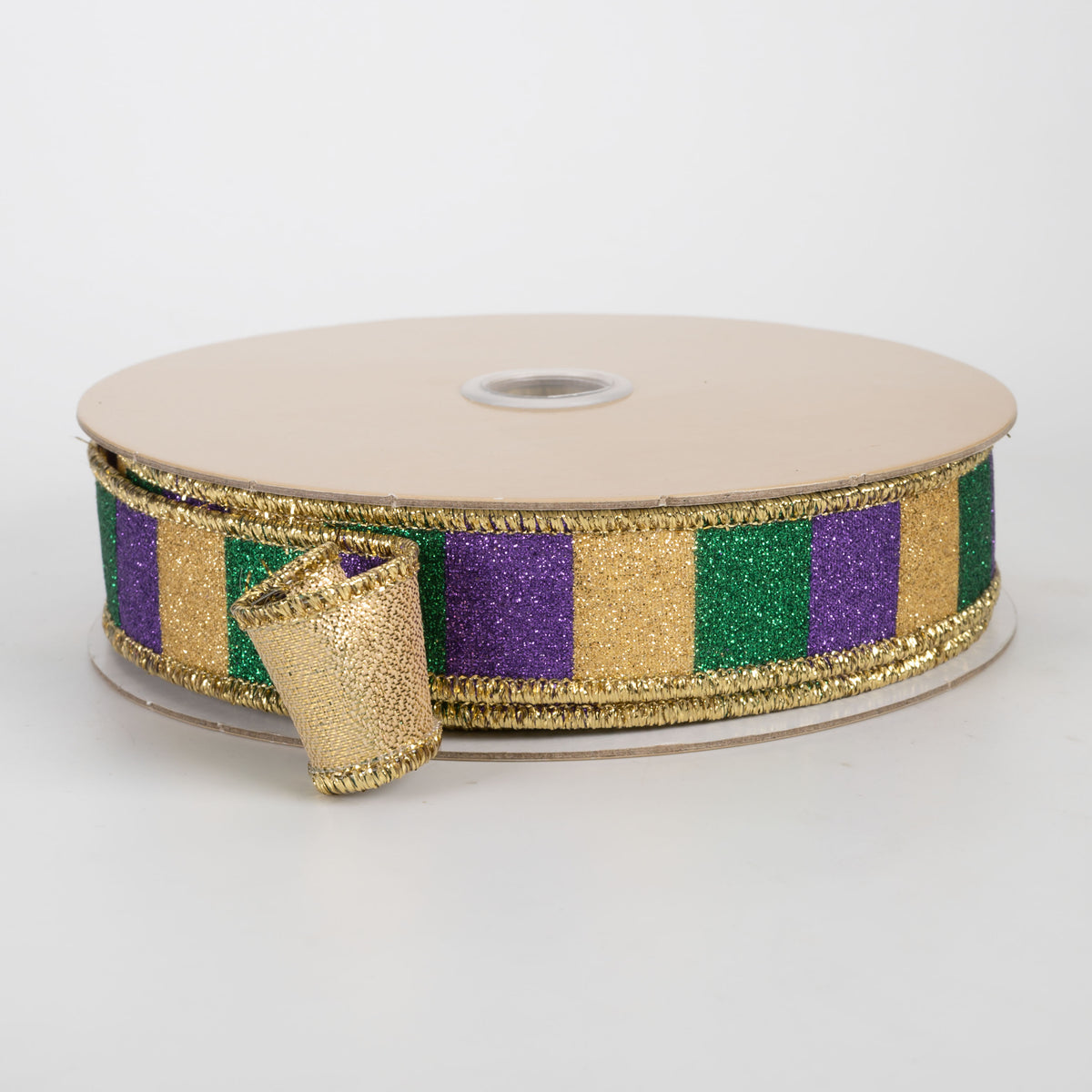 7/8" Double Sided Fused Glitter Stripes Ribbon: Mardi Gras (10 Yards)