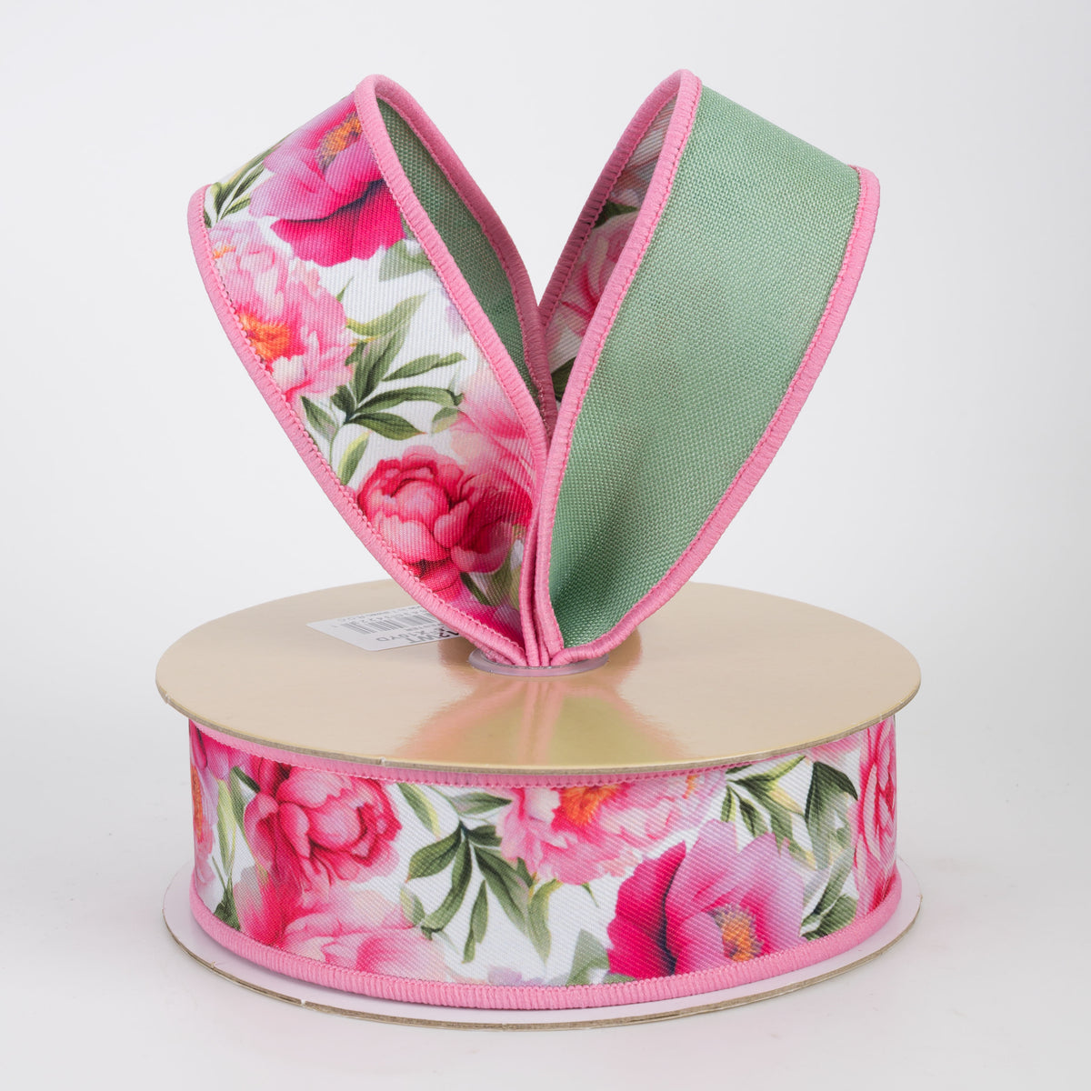 1.5" Double Sided Fused Peonies Ribbon: Pink & Green (10 Yards)