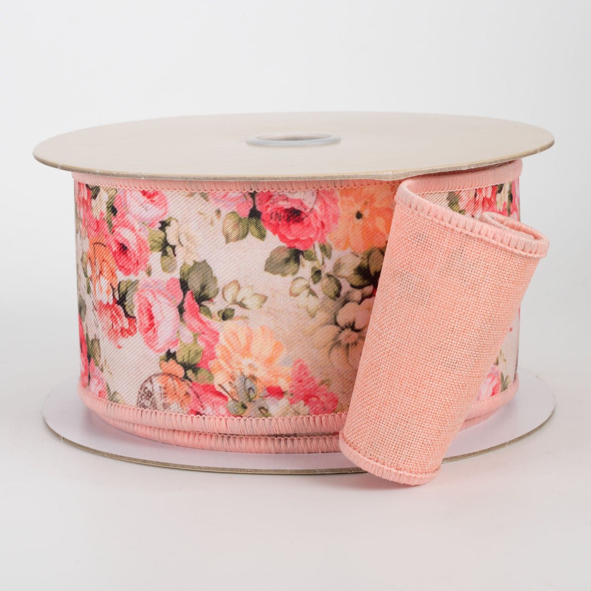 2.5" Double Sided Fused Vintage Floral Ribbon: Coral (10 Yards)