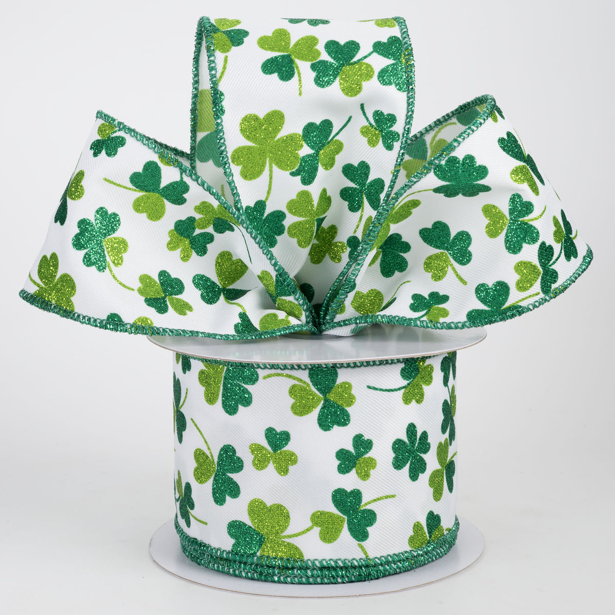 2.5" Glitter Shamrocks Ribbon: Emerald & Lime on White (10 Yards)