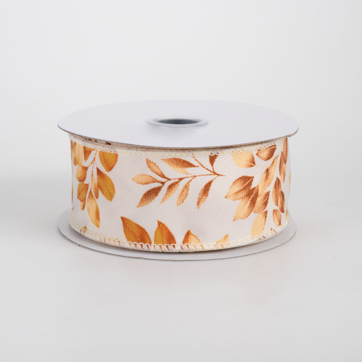 1.5" Greenery Leaves Ribbon: Brown & Orange on Ivory (10 Yards)